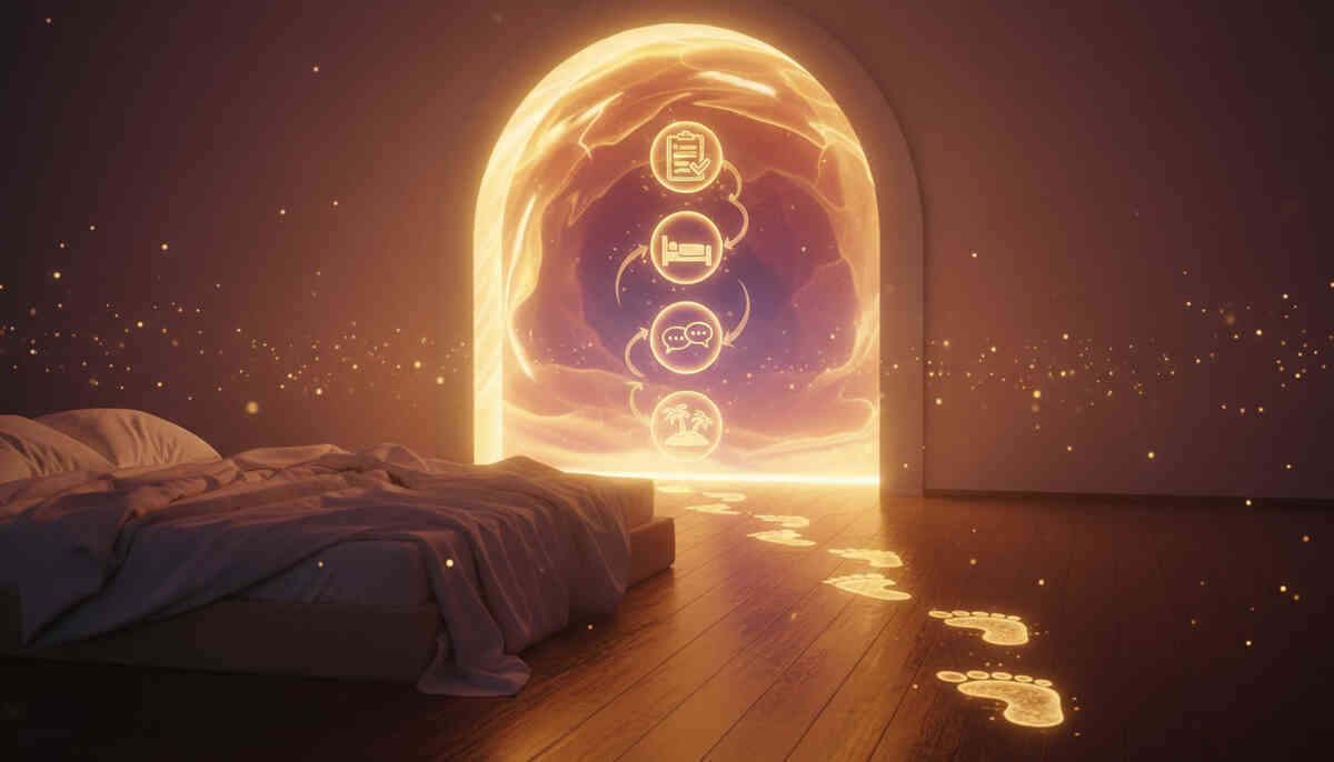Golden footprints leading from bed into a radiant dream doorway—step-by-step icons floating like a quest, beginner-safe magic, irresistible “I’m going in” thrill