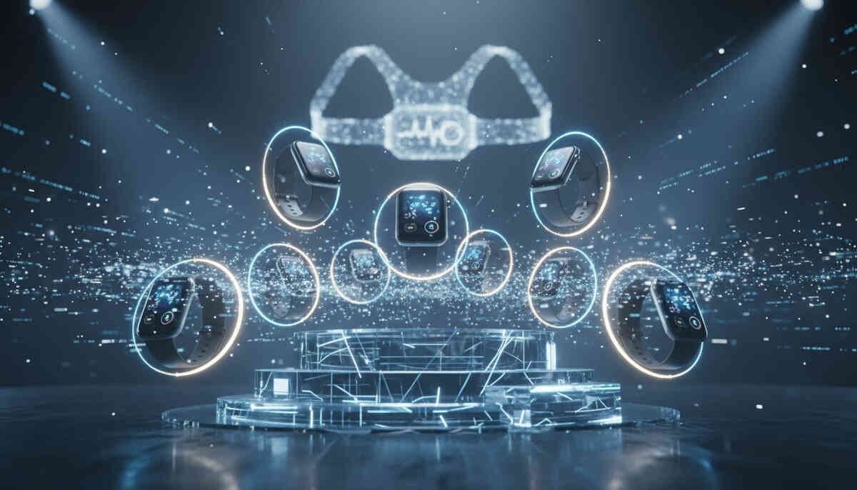 Futuristic podium of unbranded smartwatches glowing in a digital arena—heart-rate accuracy ranking showdown, elite winners rising, adrenaline tech competition energy