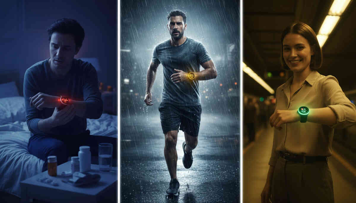 Three-life split scene: anxious late-night health check, rain-soaked runner pushing limits, confident commuter on the move—one smartwatch choice for every emotion and lifestyle