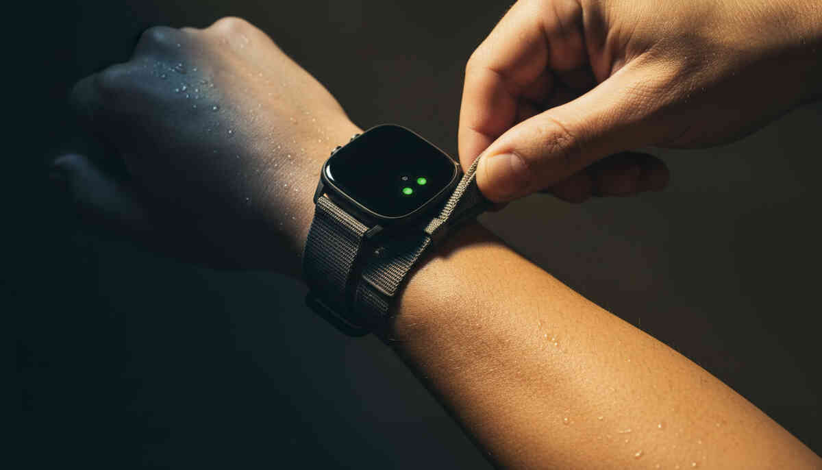 Hands tightening a smartwatch strap on a sweaty wrist—perfect fit for maximum heart-rate accuracy, gritty real-world focus, no excuses, “get it right” determination