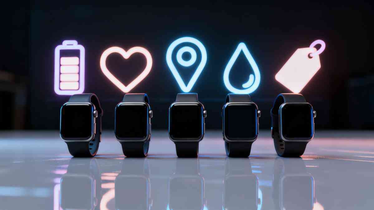 Five smartwatches lined up under neon icons (battery, heart, GPS, water, price)—specs at a glance, clean decision power, satisfying clarity, buyer confidence boost