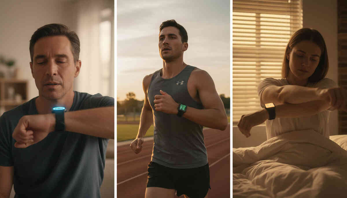 Real users, real moments: calm home check, sunrise track run, sleepy morning recovery—heart-rate tracking that feels personal, reassuring, quietly life-protecting warmth