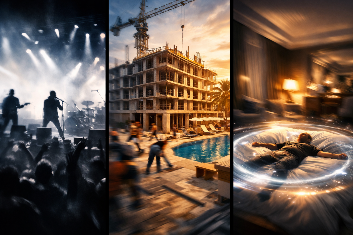 Three-step unlock montage—concert lights → resort build-up → deep sleep dream jump, fast-progress adrenaline, “you’re so close” urgency, game-changing breakthrough vibe