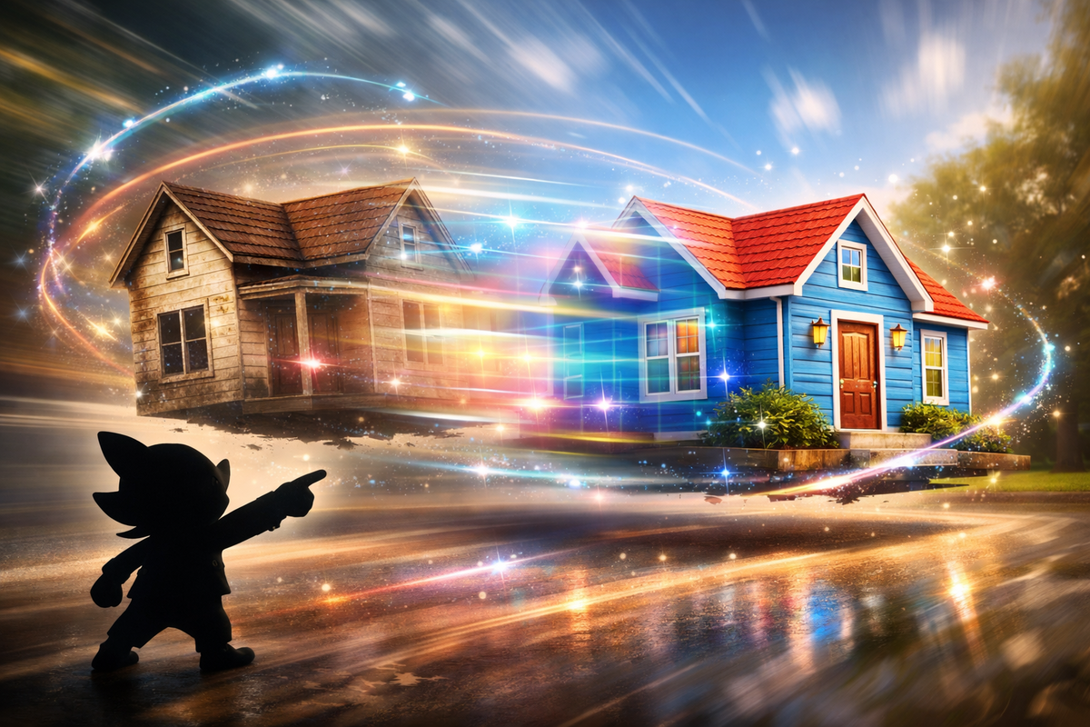 Instant house makeover magic—helper silhouette pointing as a home teleports and transforms mid-air with sparkling trails, zero-cost freedom, creative power rush, dopamine redesign energy