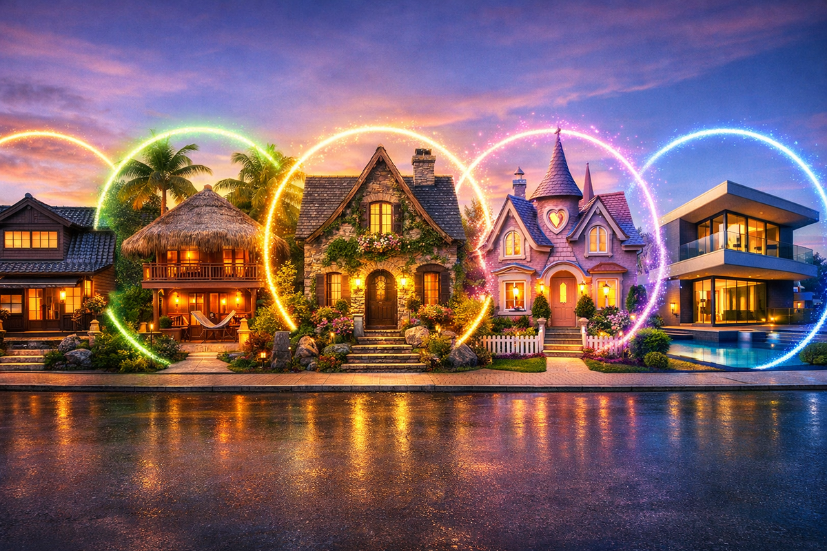 Cinematic lineup of five iconic house styles—Japanese, tropical, European, fairy-tale, modern—each glowing with inspiration aura, jaw-dropping design temptation, “I need this” obsession