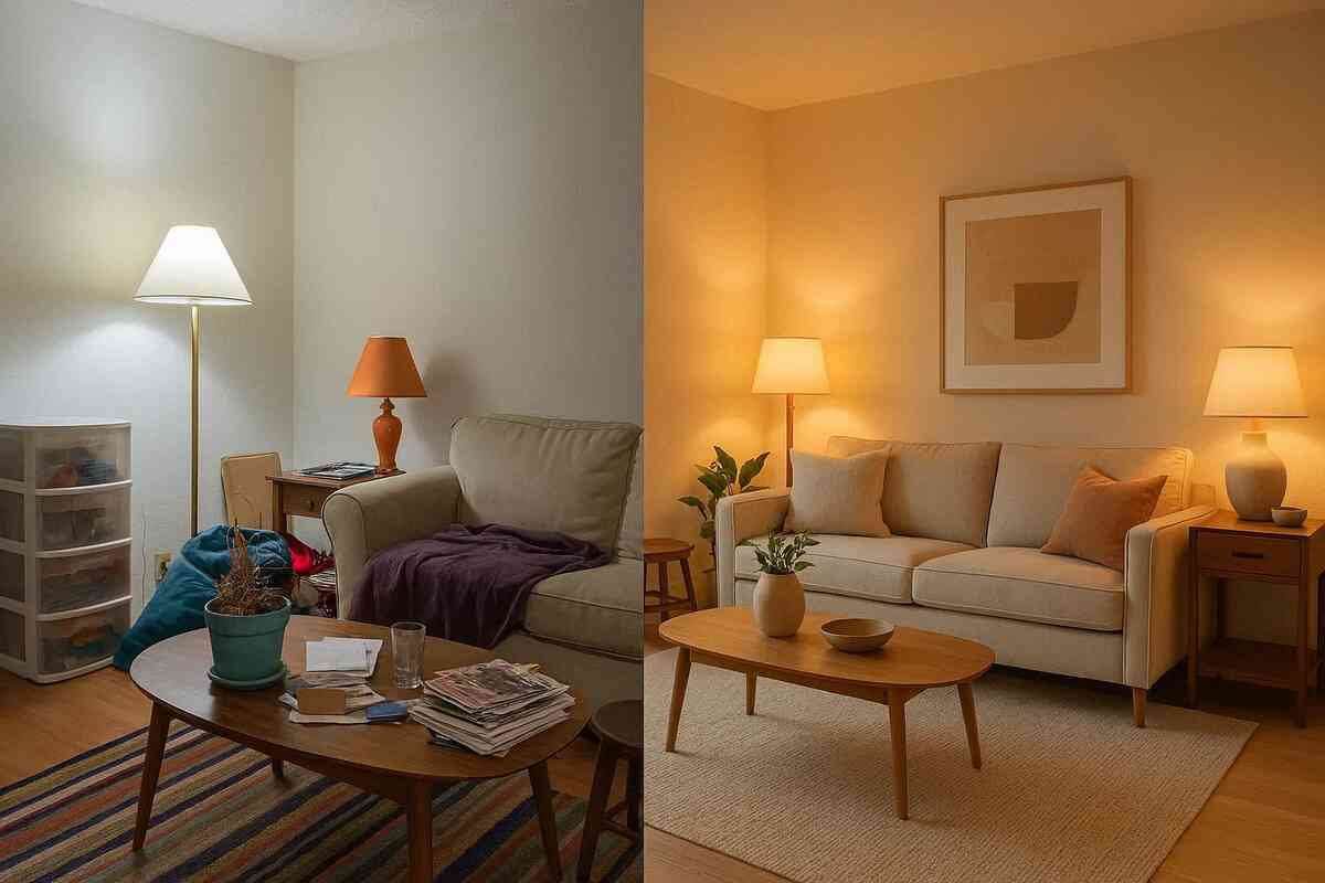Before/after room transformation—messy chaos snapping into warm, minimalist perfection, deeply satisfying reset, cozy glow therapy, “finally feels right” relief and pride