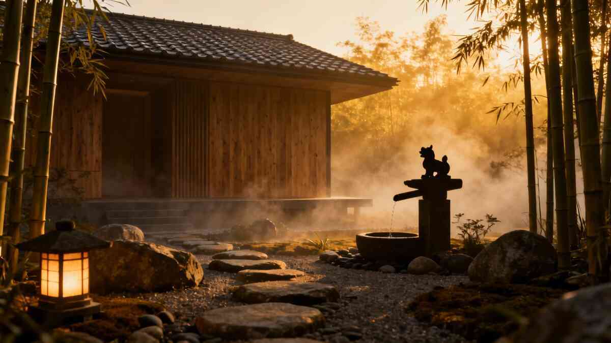 Wa-modern bamboo garden at golden sunrise—steam, stone path, lantern glow, serene Japanese home calm, soul-healing tranquility, quiet luxury atmosphere that melts stress