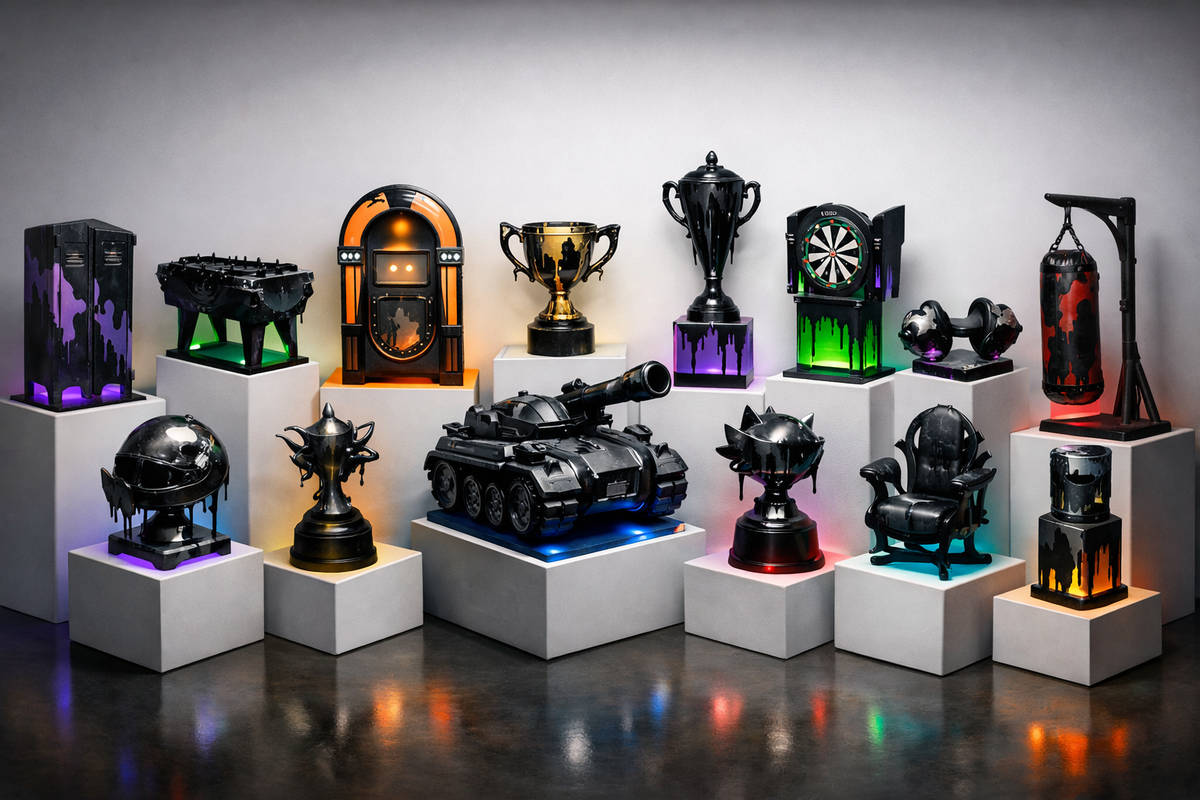 Collector’s dream lineup: ink-dripped gamer furniture on museum pedestals—trophies, jukebox vibe, locker silhouettes, battle props—instant dopamine, must-complete obsession