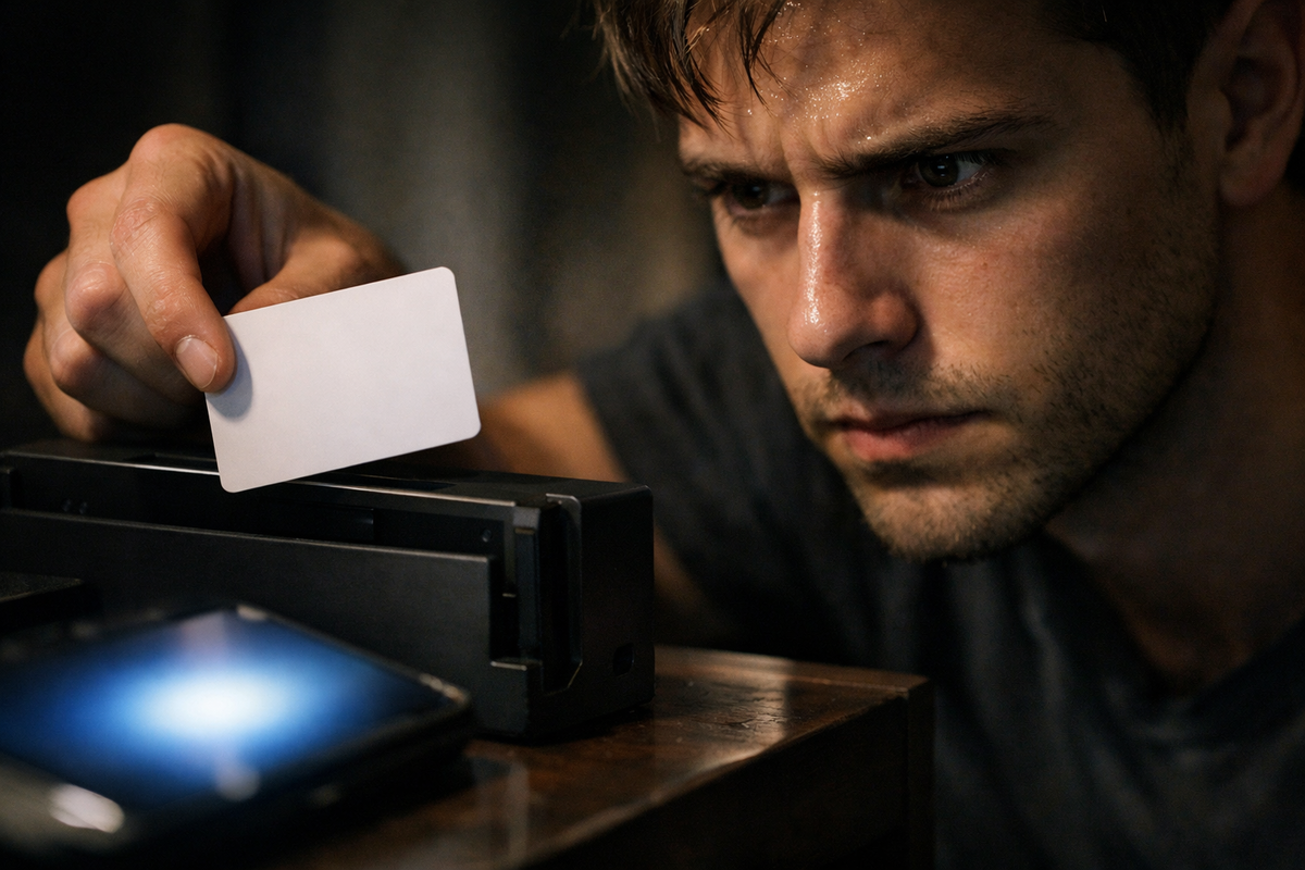 Sweaty, laser-focused gamer tapping a blank NFC card to a console reader—seconds before the unlock—heart-thumping tension, “will this finally work?” determination