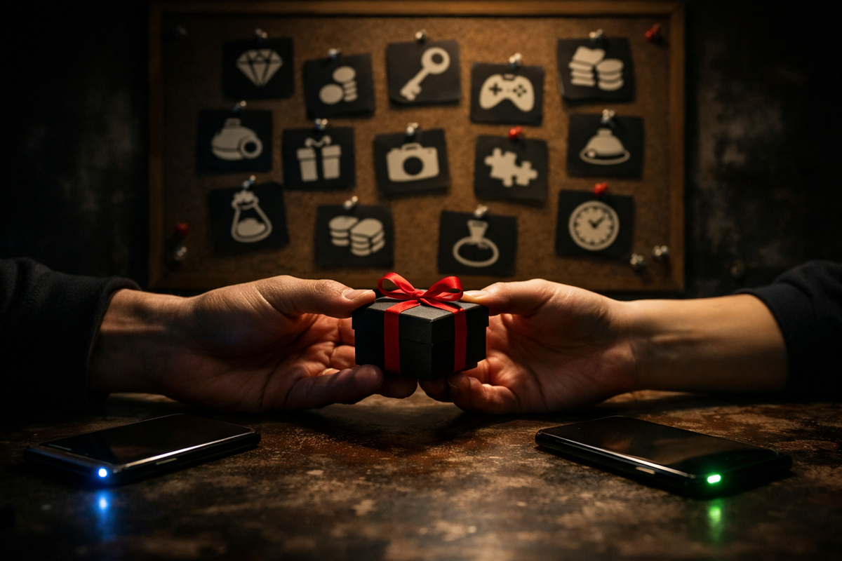 Hush-hush item swap: hands passing a tiny ribboned gift box, phones glowing on the table, trade-board icons behind—secret thrill, jackpot vibes, quiet victory rush