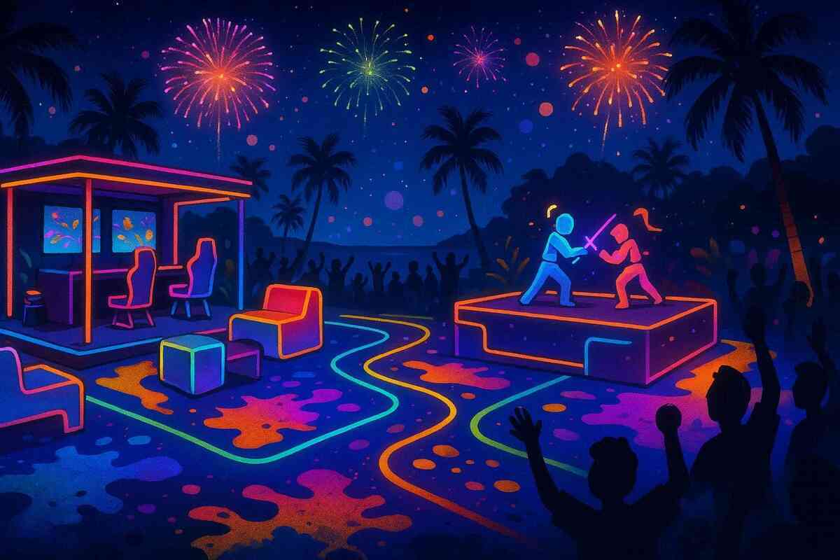 Neon island night festival with fireworks—glowing stage duel, cheering silhouettes, ink-like color trails across the ground—electric celebration energy, instant wow factor