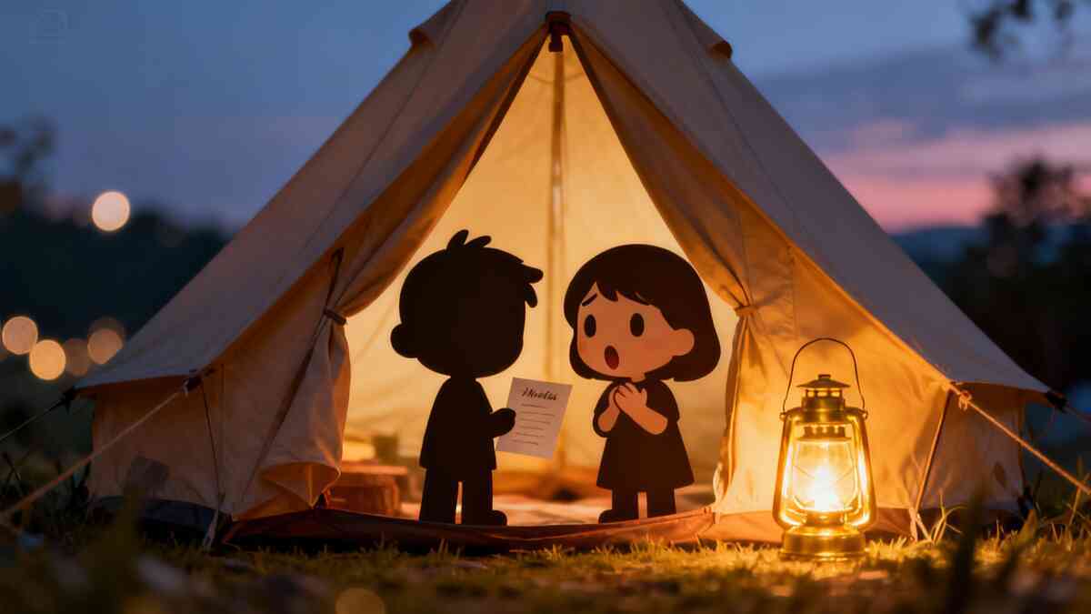 Warm lantern-lit tent at dusk—an invitation letter offered to a surprised cute camper—cozy magic, hopeful butterflies, “please move in” moment that hits the heart