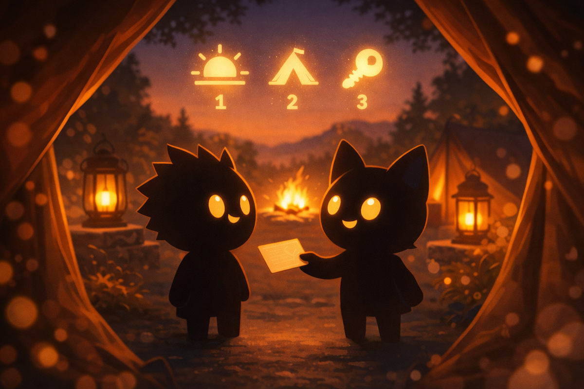 Lantern-lit campsite invitation at sunset—three-step icons hovering above two cute silhouettes, warm hope, nervous butterflies, the “please move in” moment hitting hard