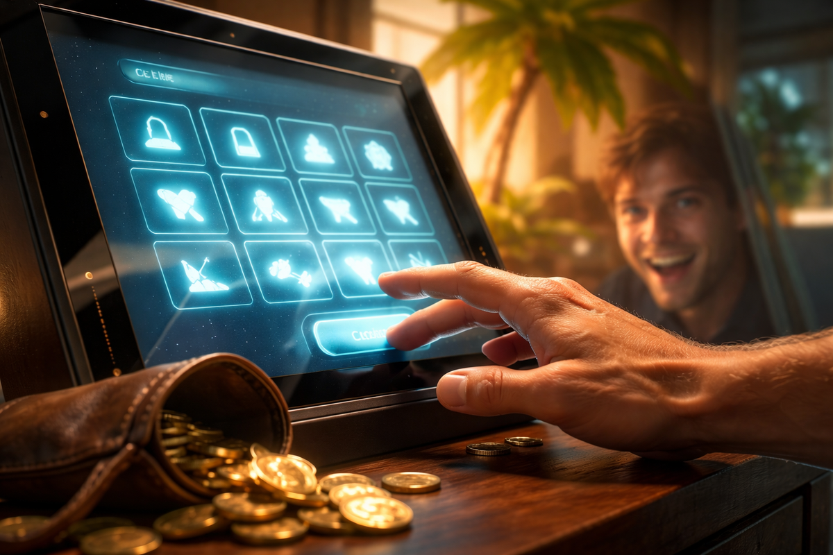 Finger hovering over a glowing shop grid beside spilling coins—one tap from checkout, sweaty anticipation, dopamine rush, “buy before it’s gone” panic energy