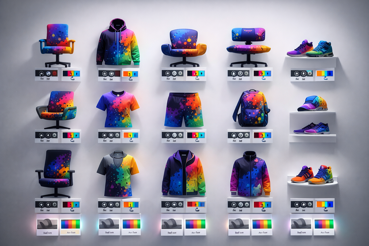 Rainbow ink-splashed collab gear wall—chairs, hoodies, shoes lined like trophies with color-swatch vibes, collector obsession, instant “I need the full set” craving