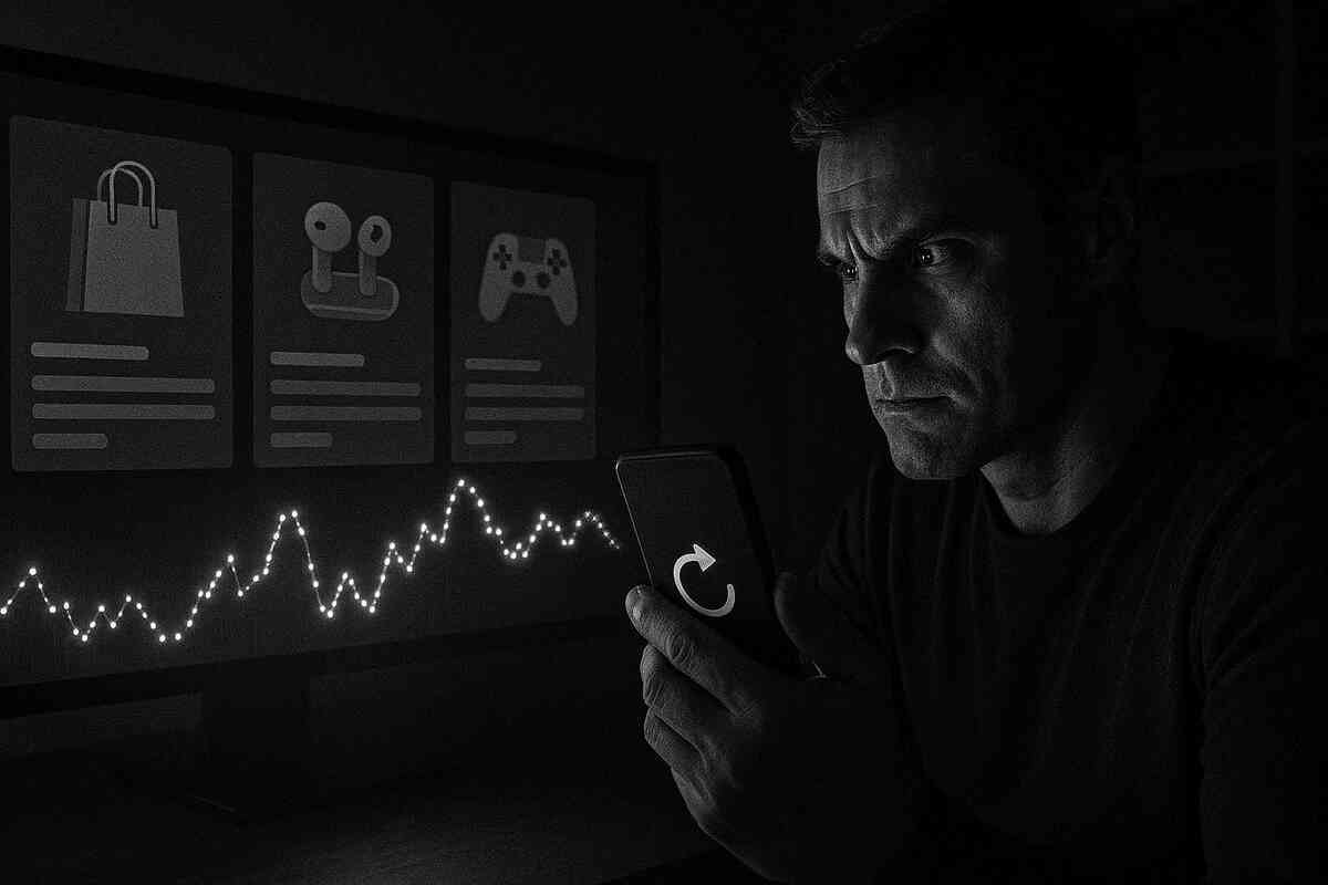 Dark, tense refresh nightmare—grim face lit by a phone, rising dotted graph and ghosted shopping cards in the shadows, scarcity anxiety, relentless “try again” determination