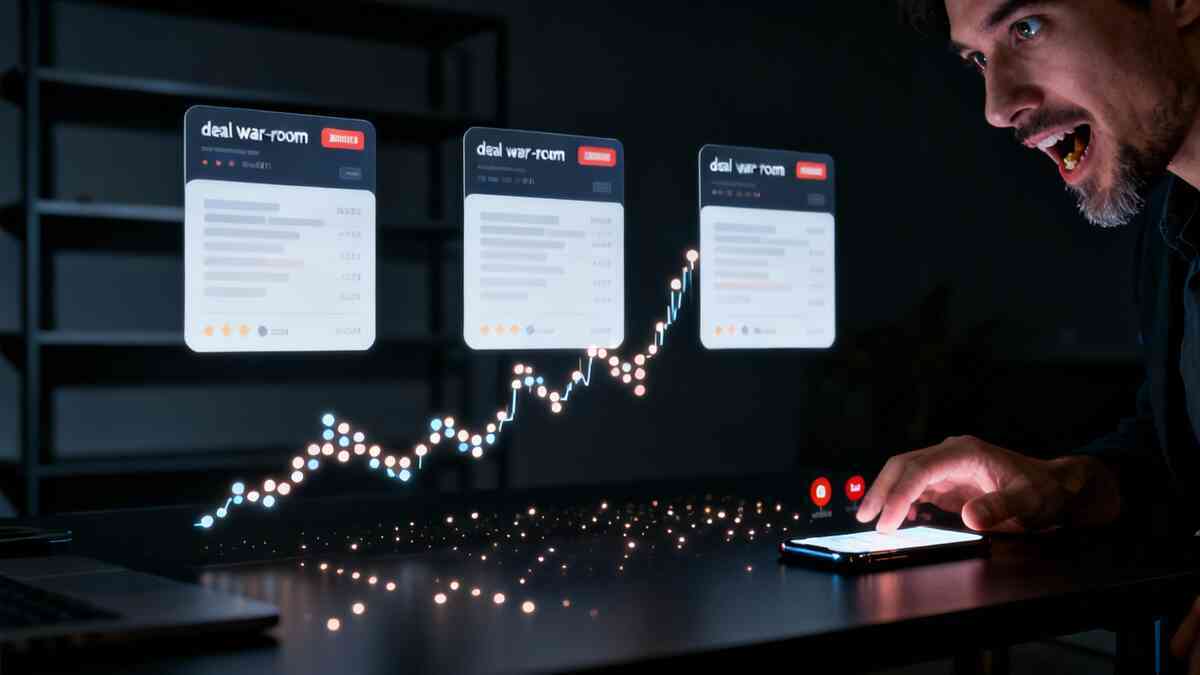 Deal war-room chaos—three glowing comparison cards floating above a surging price line, frantic tapping on a phone, snack-fueled focus, jackpot-chasing adrenaline