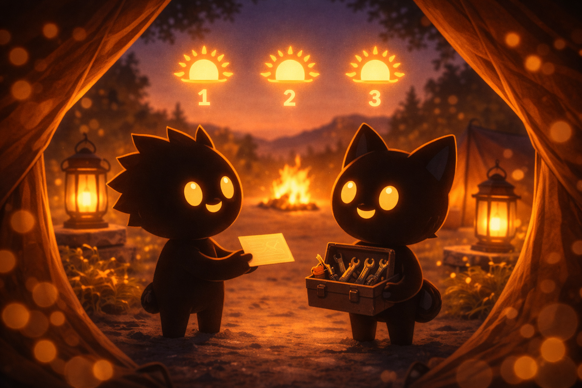 Lantern-lit campsite recruitment scene—three-day sunrise icons glowing above two cute silhouettes, DIY note in hand—warm hope, nervous butterflies, heart-melting yes-moment
