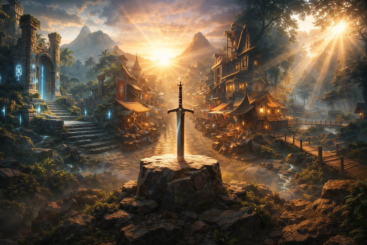 Epic fantasy island panorama—temple ruins, bustling town street, misty forest paths with a sword-in-stone landmark—jaw-drop awe and “save this layout now” inspiration