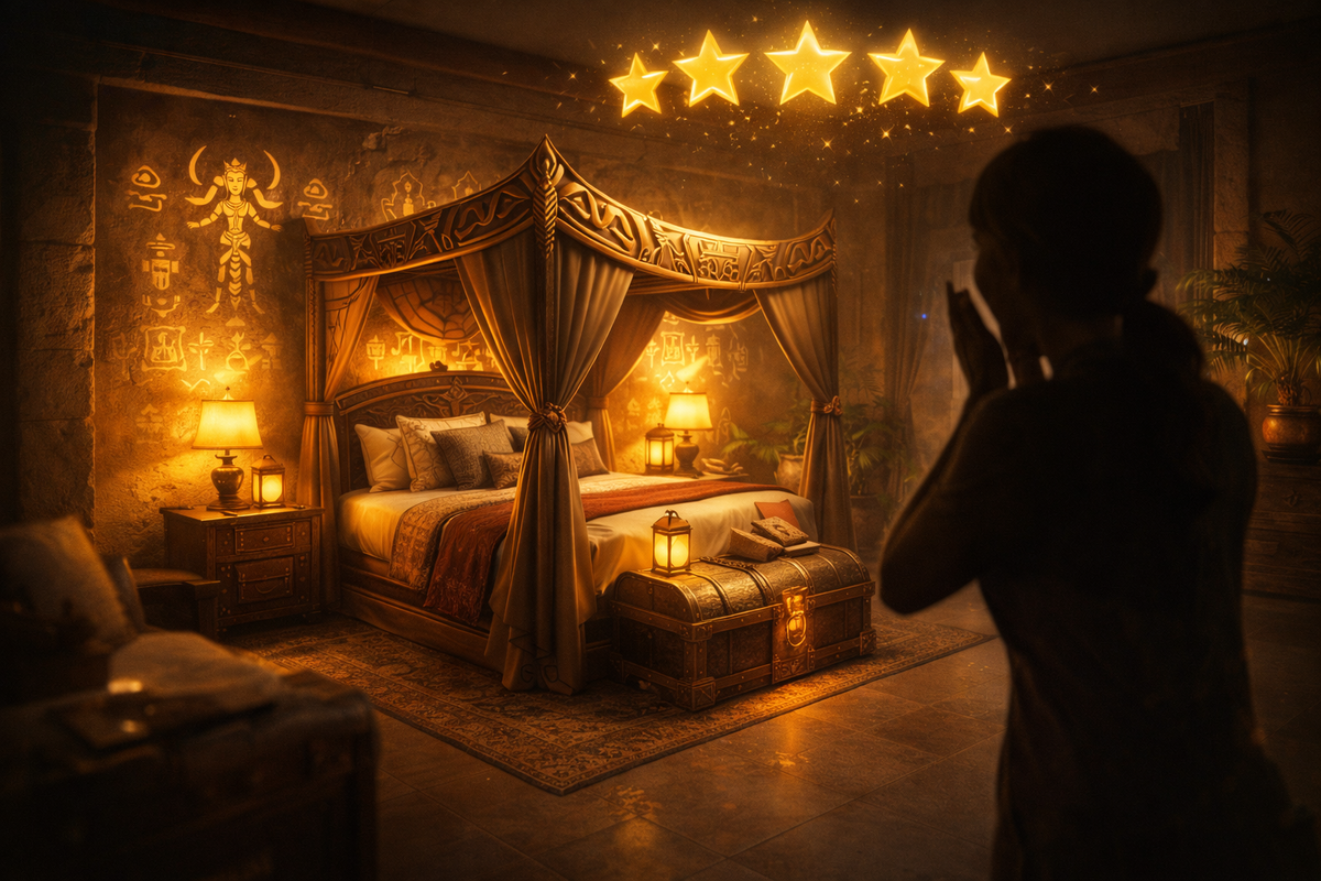 Golden five-star “hero suite” reveal—luxury canopy bed, rune-lit walls, treasure trunk decor—soft magical glow and that proud rush of a perfect rating