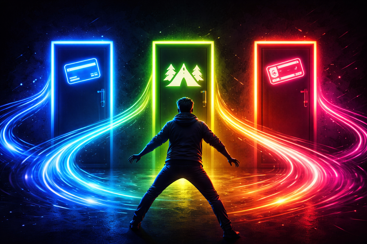 Neon three-door crossroads—card route vs campsite grind vs mystery-island hunt—high-stakes choice, adrenaline decision, “which path gets the rare rabbit fastest?”
