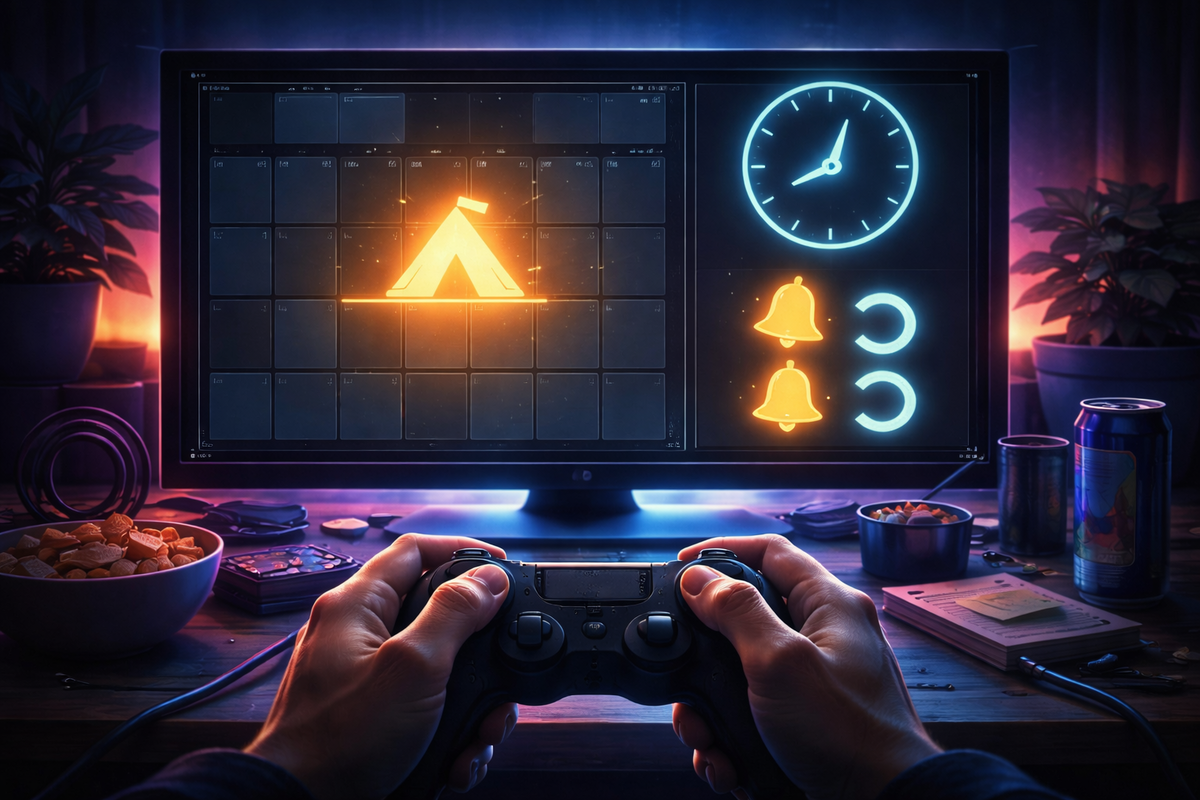 Late-night grind desk with a glowing calendar grid, clock, and double bell icons—4:57 reset hustle vibes, anxious focus, relentless “one more try” determination