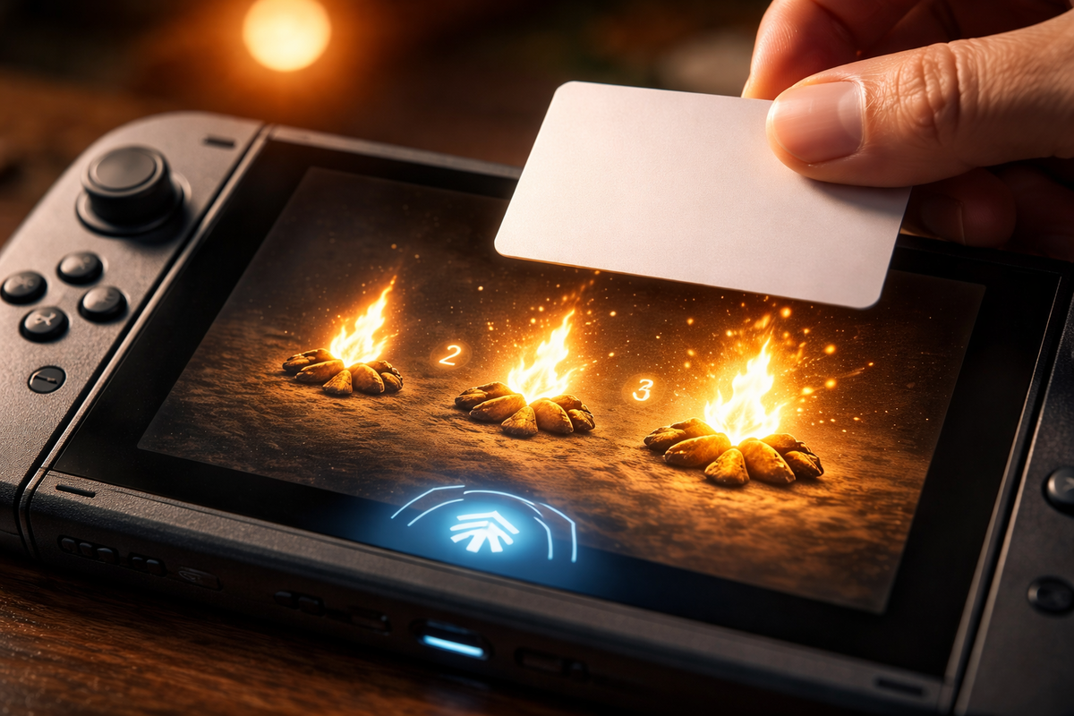 Close-up NFC-style character card tapping a handheld console as three campfires ignite—step-by-step summon ritual, tangible progress, finally-feels-possible momentum