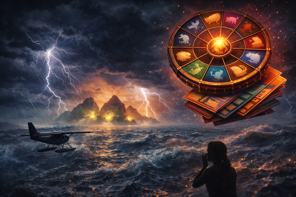 Stormy ocean “gacha roulette” with stacks of travel tickets and lightning—brutal odds, wallet-draining chaos, heartbreak-to-hope gamble for the rare rabbit
