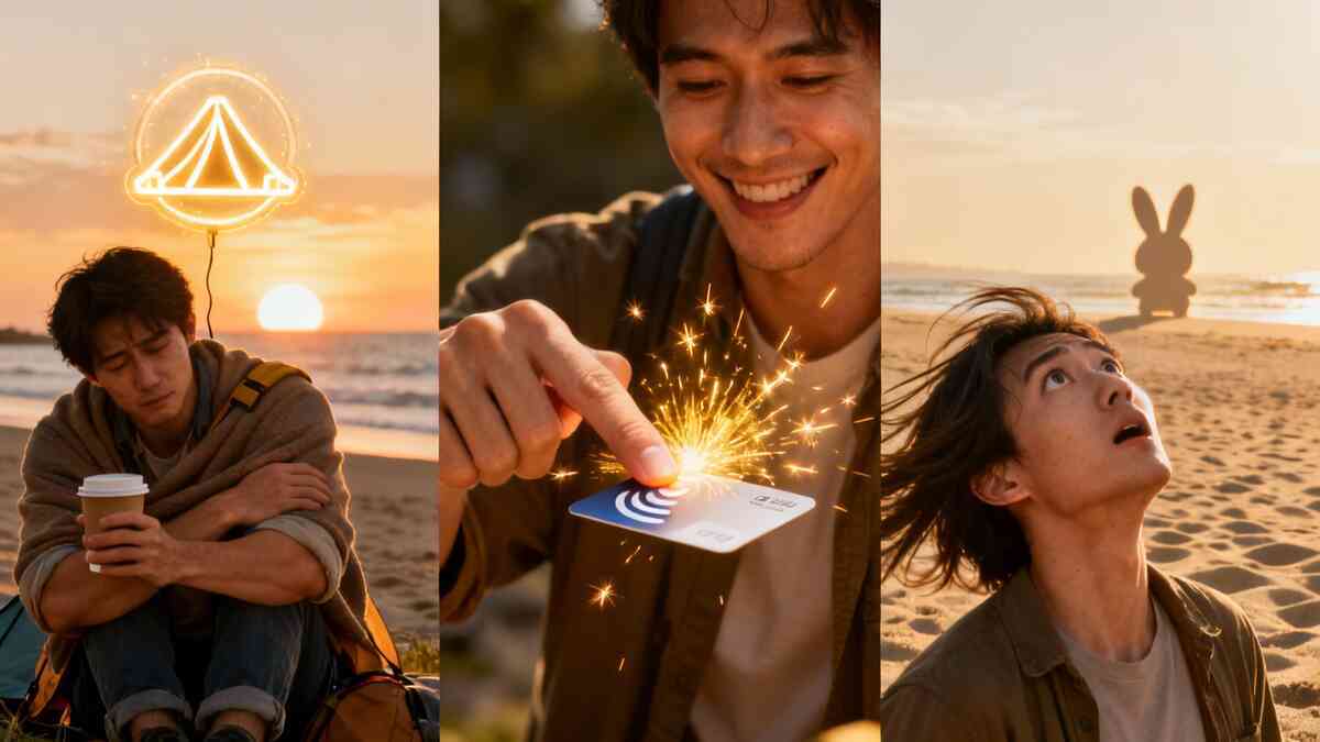 Three-panel emotional arc—exhausted dawn grinding, sparks of a card tap, stunned miracle encounter on the beach—tears-to-euphoria payoff, “it finally happened” rush