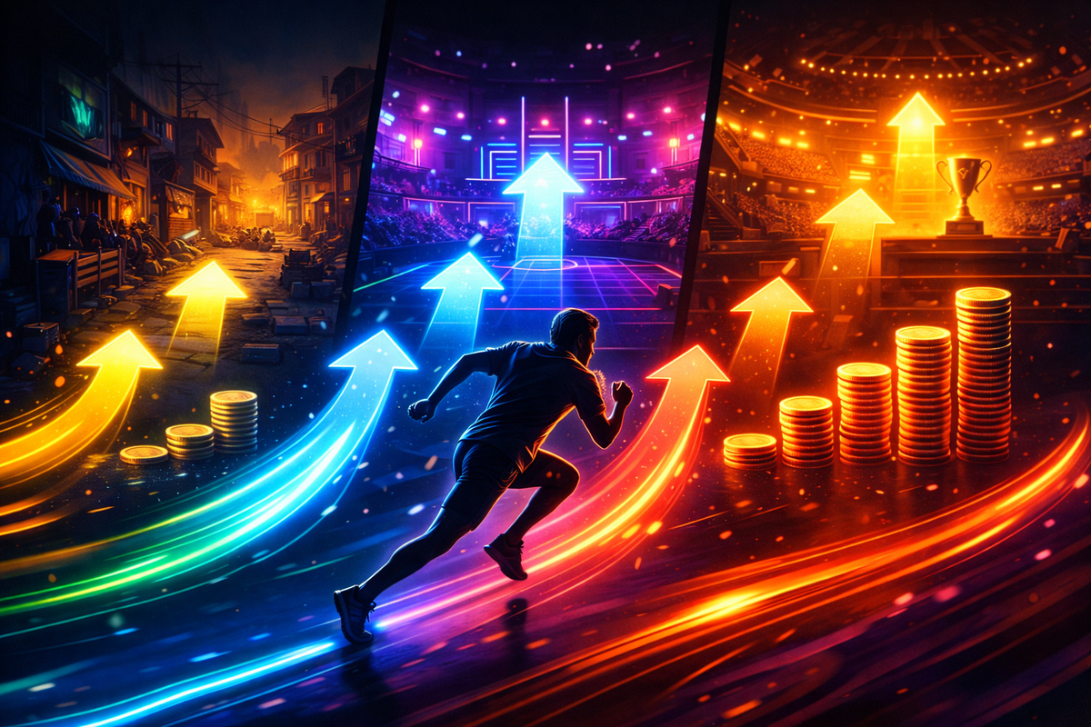 Three-stage money route explosion: gritty streets → neon tournament arena → golden trophy stadium; sprinting silhouette chasing soaring arrows and stacked coins?level-up obsession, “get rich fast” adrenaline