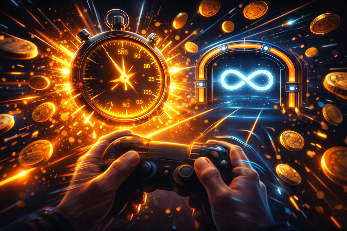 Hypercharged stopwatch blasting sparks over a game controller, coins raining like fireworks, infinity portal glowing ahead?nonstop farming loop, insane hourly profit rush, zero-mercy efficiency vibe