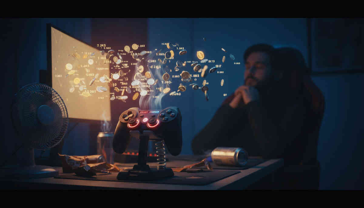 Sleepy gamer slumped in a dim room while a controller rig “auto-plays” in front of a glowing screen; floating coins and earnings numbers in the air?lazy overnight cash, guilty pleasure, silent grind