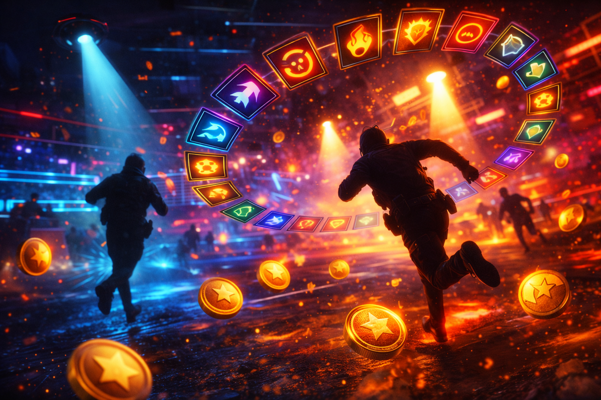Chaotic battle zone raid: silhouettes sprint through neon chaos under spotlights, a ring of glowing strategy cards swirling like roulette, coins flying everywhere?high-risk high-reward frenzy, heartbeat max