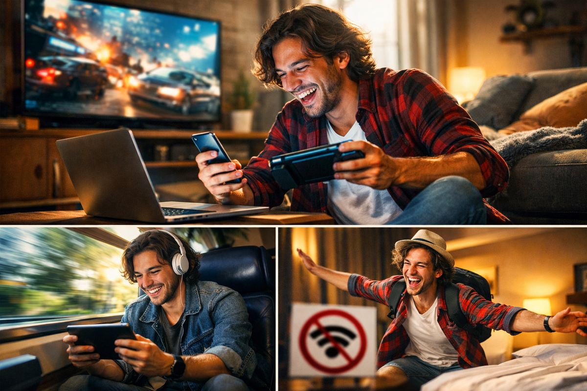 Joyful binge mode at home—gamer laughing with phone + laptop + controller, big-screen action blurred behind—pure “no data worries” adrenaline, cozy unlimited vibes