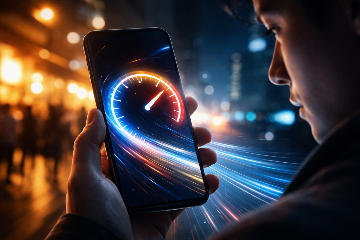 Cinematic speed-test closeup—phone blazing with a neon speedometer, light trails ripping through the night—instant gratification, fast-as-light thrill, no-lag confidence