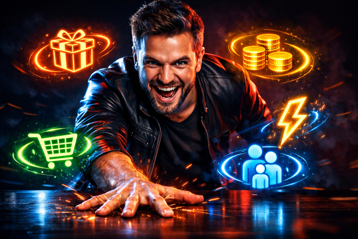 Wild “deal hunter” energy—man lunging forward with fierce grin as gift/coins/cart/family icons explode around him—points jackpot, savings frenzy, unstoppable win mood