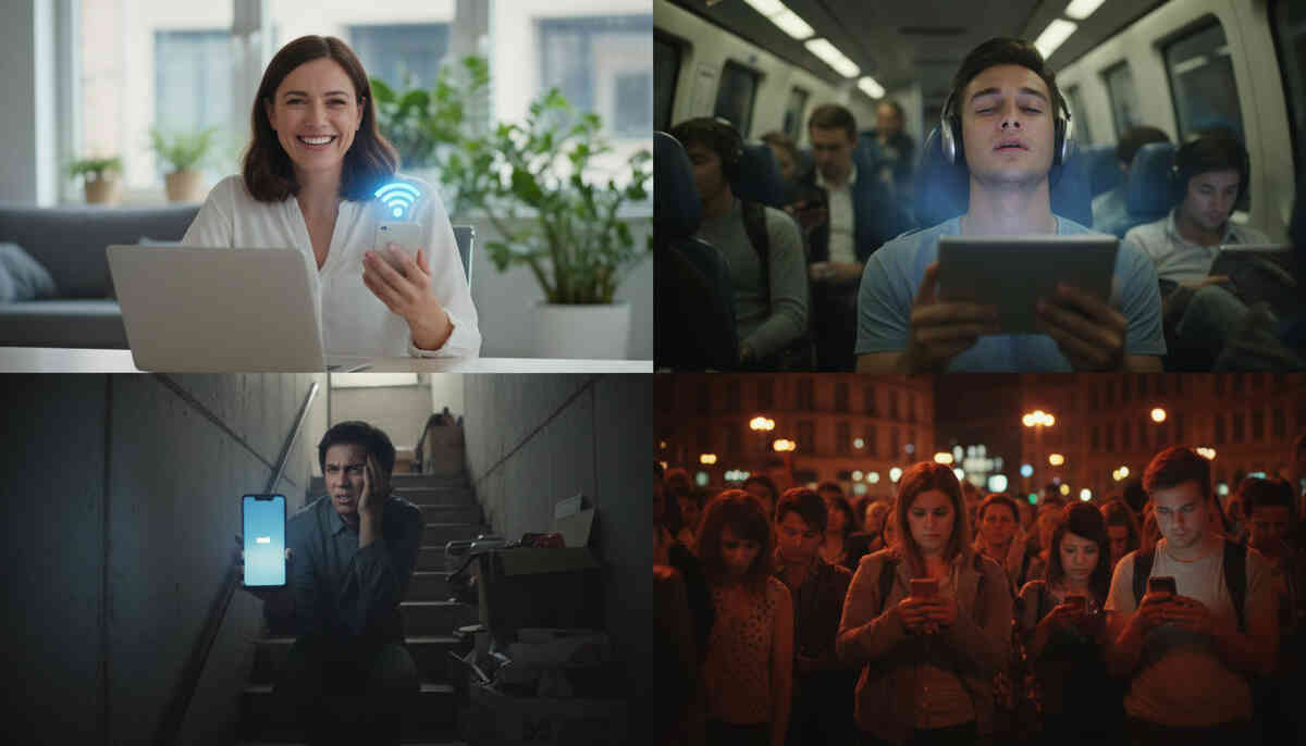 Lifestyle contrast grid—happy hotspot work at home, calm streaming on train, stressed dead-zone stairwell, crowded night slowdown—real emotions, brutal honesty, relatable tension