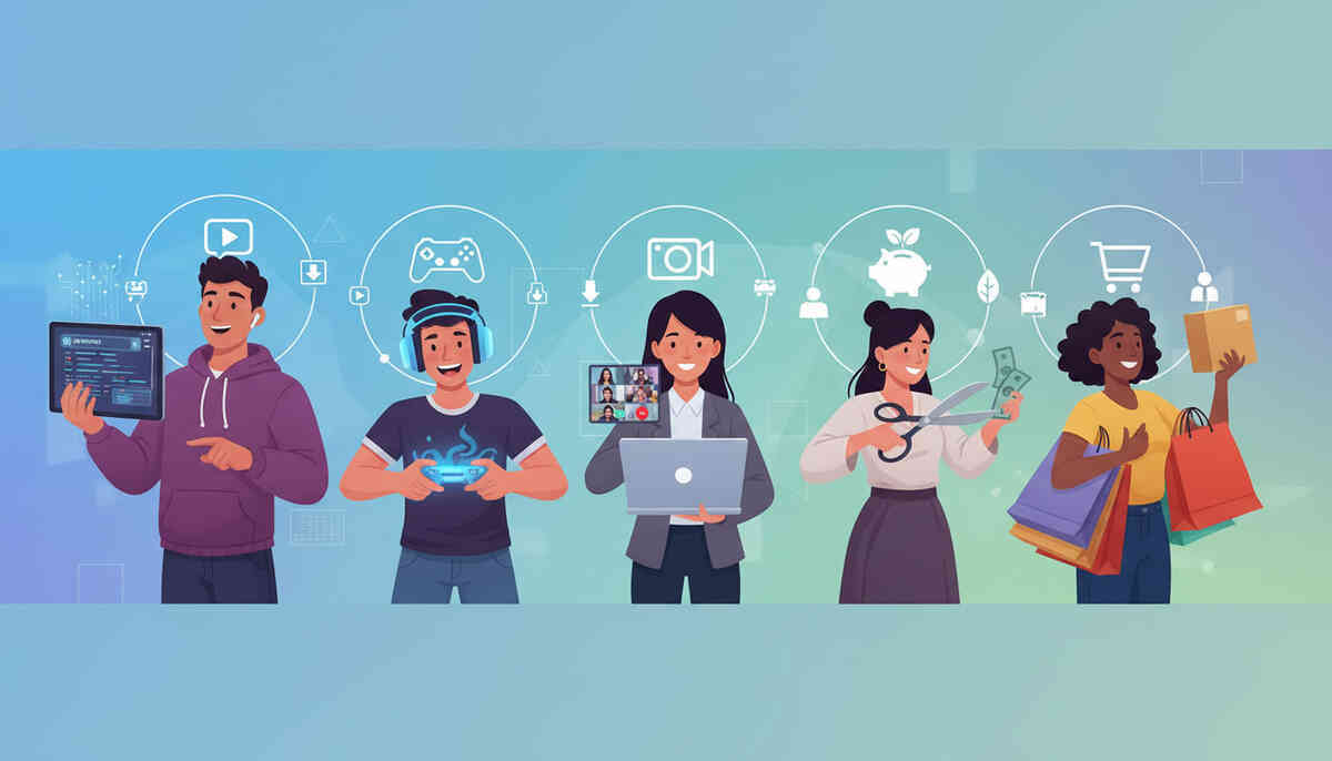 Bright illustrated lineup of winners—streamers, gamers, remote workers, savers, shoppers—everyone powered up by mobile data freedom, confident smiles, money-smart glow