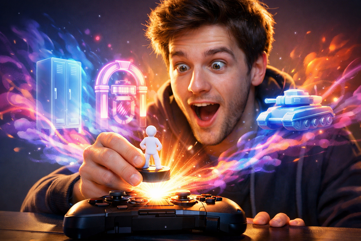 Wide-eyed gamer taps a tiny NFC figure as neon furniture holograms erupt like fireworks—instant unlock euphoria, jackpot-level excitement