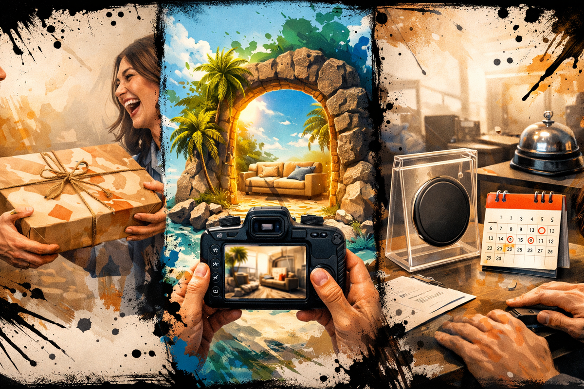 Three-panel hack montage: gift swap, dreamy island visit snapshot, and rental-counter NFC token with calendar—rebellious workaround thrill, hope against the odds