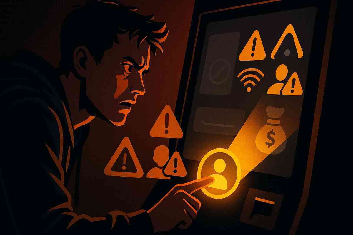 Shadowy error-heavy interface as a stressed gamer hits the profile button amid warning triangles, signal, and money icons—anxiety spike, troubleshooting breakthrough energy