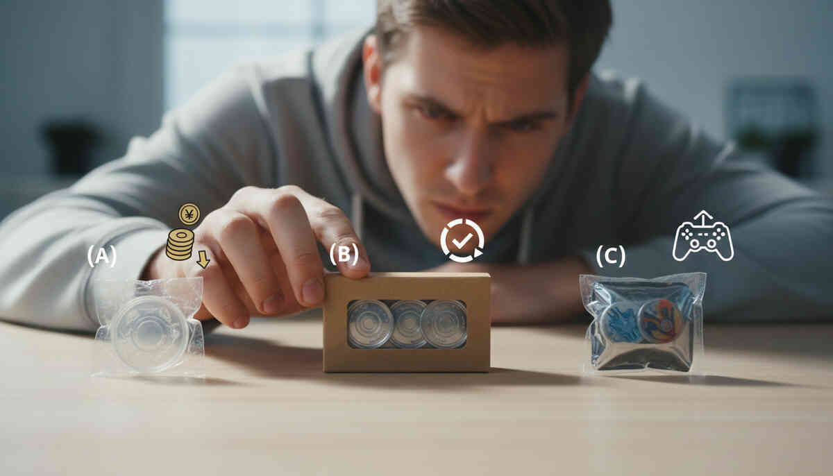 Laser-focused gamer choosing between three sealed NFC token options labeled A/B/C with coin and check icons—high-stakes value decision, buy-smart relief and confidence