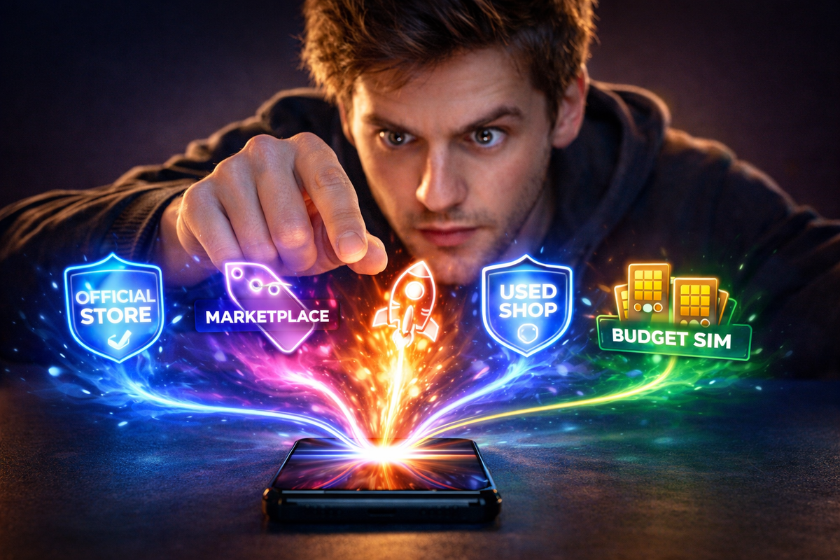 Neon buy-path explosion from a smartphone—official store, marketplace, fast delivery, used shop, budget SIM—laser-focus decision energy, deal-hunter adrenaline, choose-the-cheapest thrill