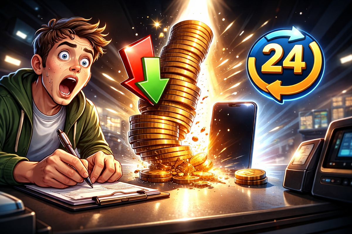 Cartoon checkout chaos: coin stack detonating with a massive price-drop arrow, 24-month return loop, phone on the counter—jaw-drop savings shock, heartbeat-in-your-ears hype