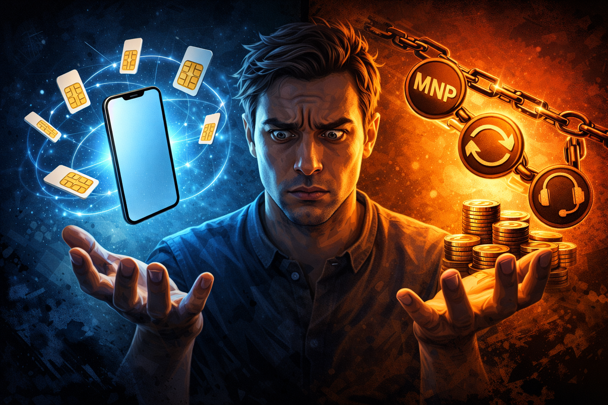 Split-screen dilemma: SIM-free freedom with multiple SIM cards orbiting a phone vs carrier MNP + return chain with coins and support—brain-vs-wallet drama, risky temptation, hard choice