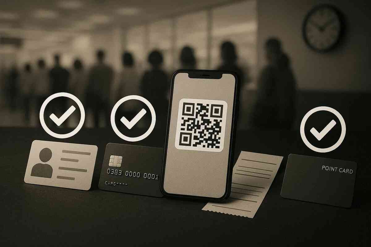 Pre-flight checklist flat-lay—ID, payment card, QR code, paperwork, point card with bold checkmarks; blurred store queue behind—calm control vs panic, “don’t forget this” urgency
