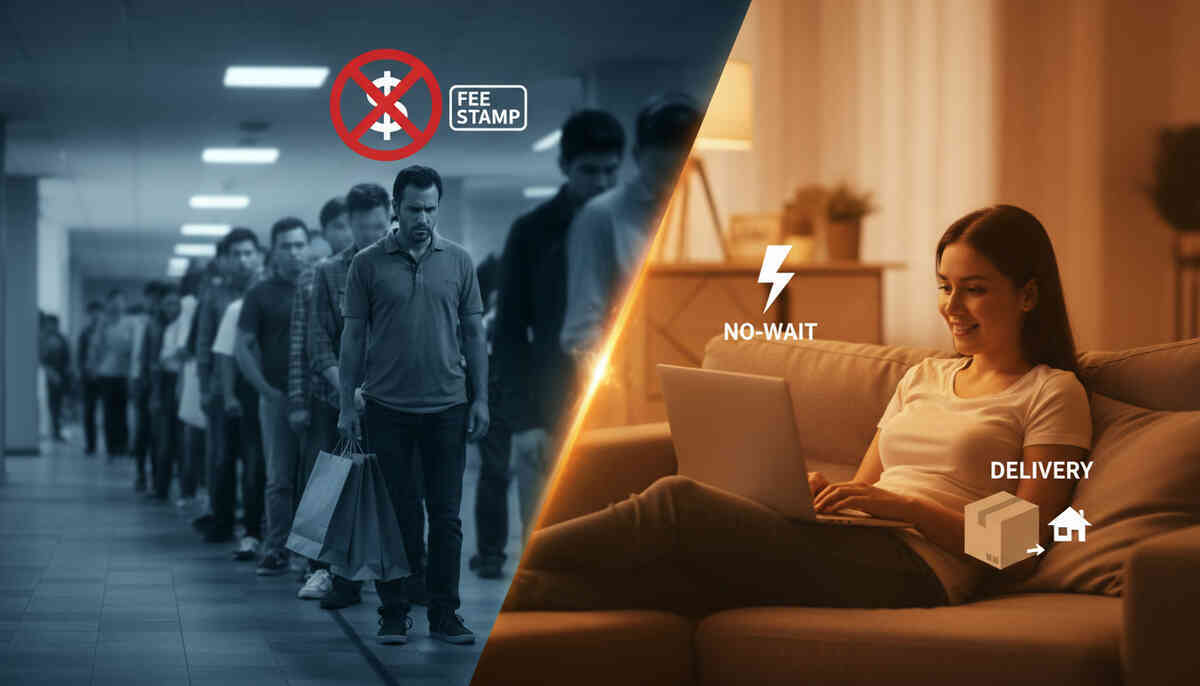 Queue misery vs couch victory: tired line in a cold hallway against a relaxed shopper ordering at home—fees wiped out, no-wait relief, instant control, delivery-to-door satisfaction