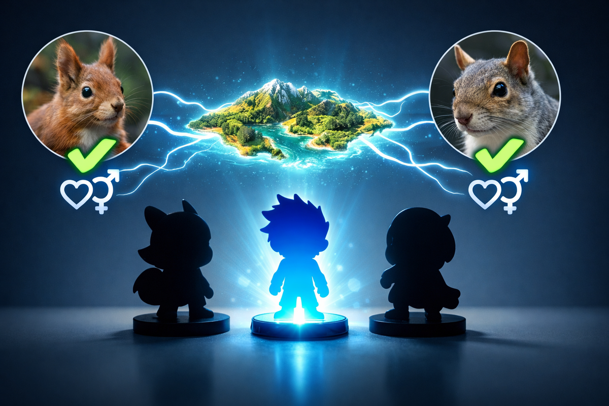 Amiibo-style choice screen in real life—two squirrel portraits with green checkmarks linked by lightning to a floating island, heart-racing “which one should I summon?” excitement and instant clarity