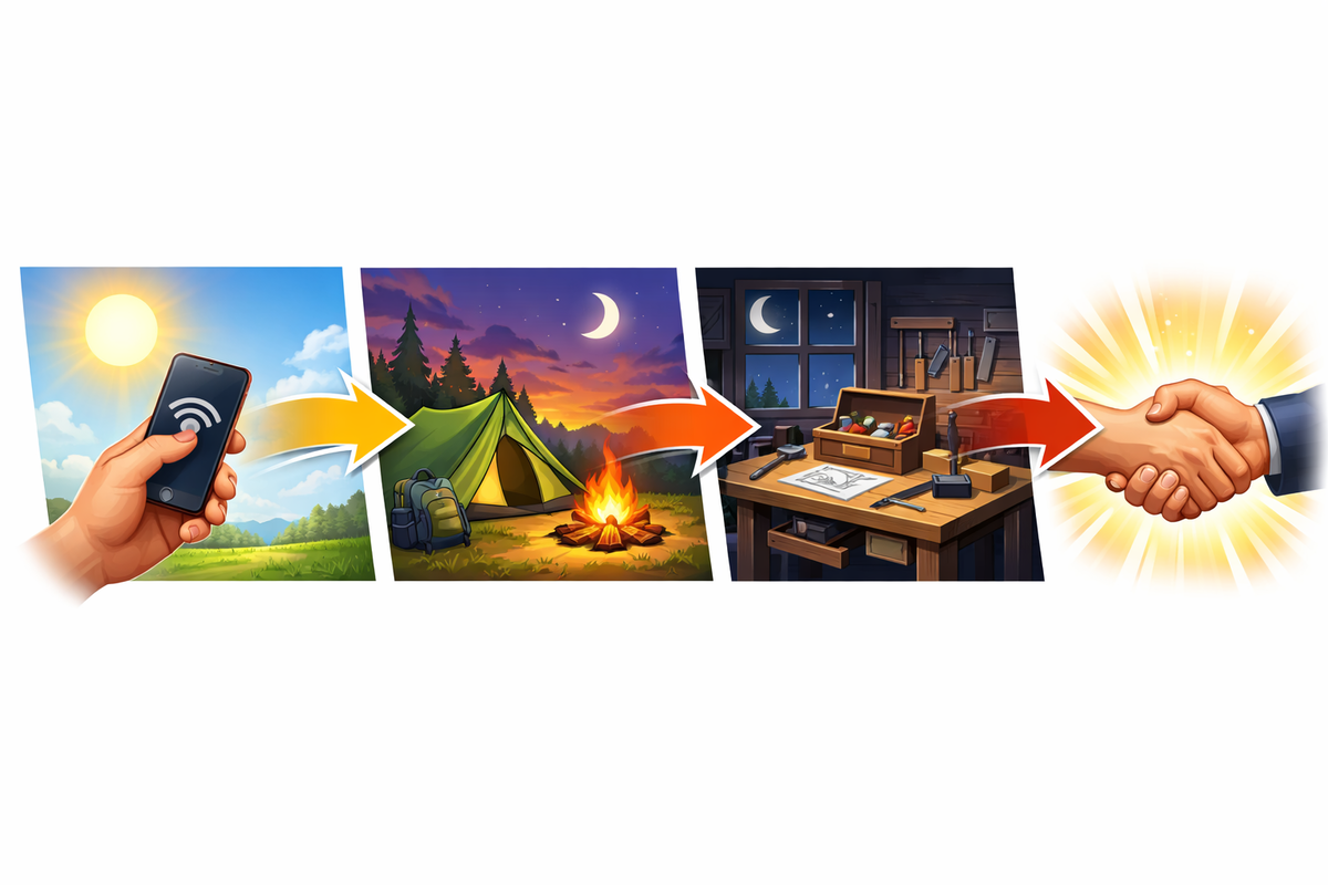Step-by-step journey collage—scan the phone → campsite night fire → DIY workshop → final handshake, satisfying “mission cleared” progression with cozy-to-triumphant emotion