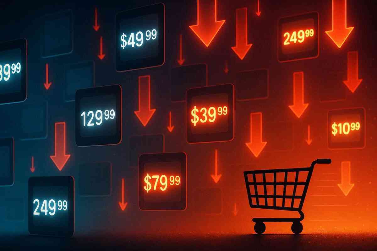 Price-drop chaos wall—glowing dollar tags and red down arrows flooding the screen beside a shopping cart, intense deal-hunt panic + thrill, “buy now before it spikes” urgency